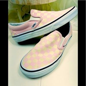 Pink and Cream Checkered Slip On Vans